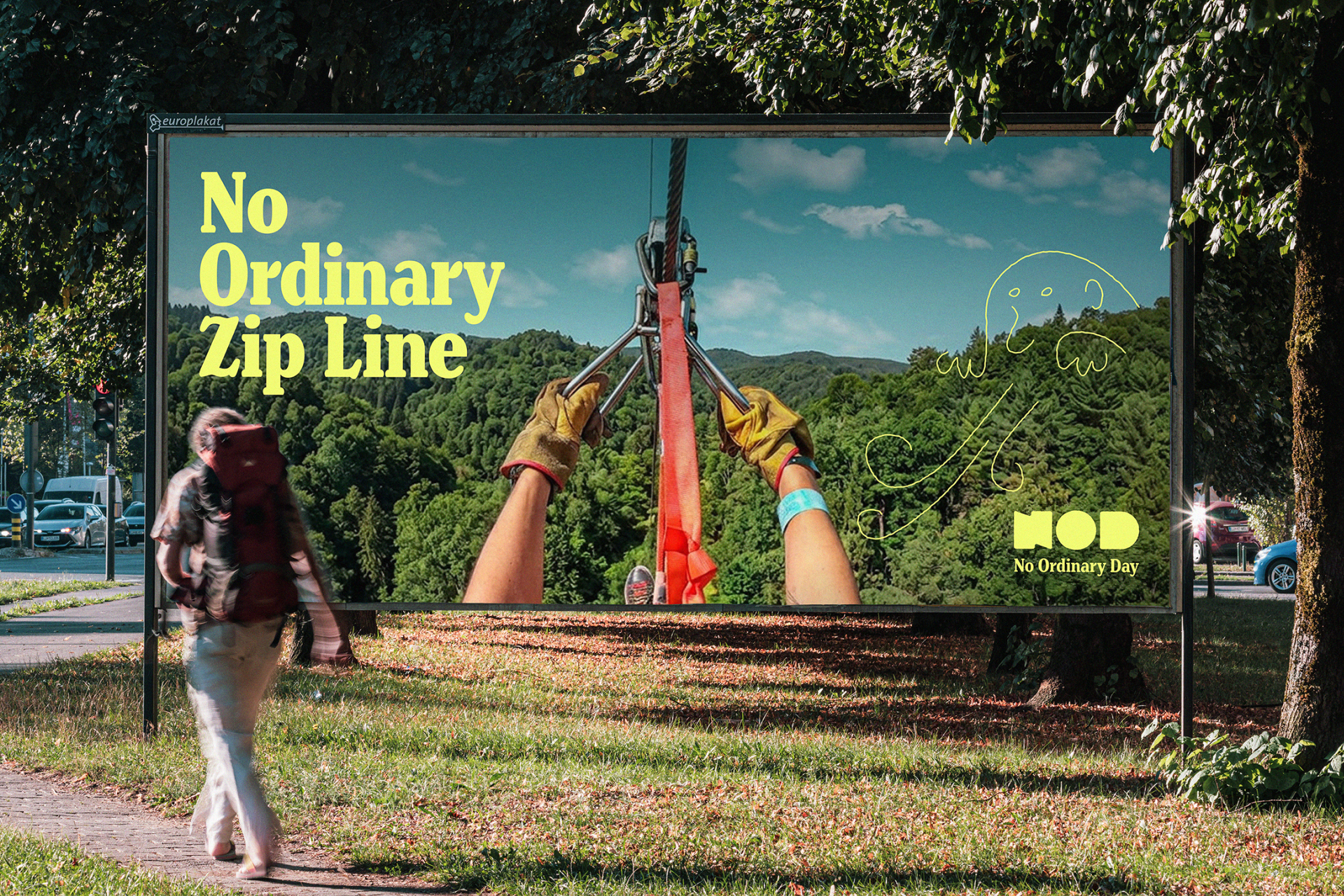 Zunanji plakat za NOD. Na plakatu so roke z rokavicami, ki se držijo jeklene vrvi. Na plakatu je napis »No Ordinary Zip Line.«