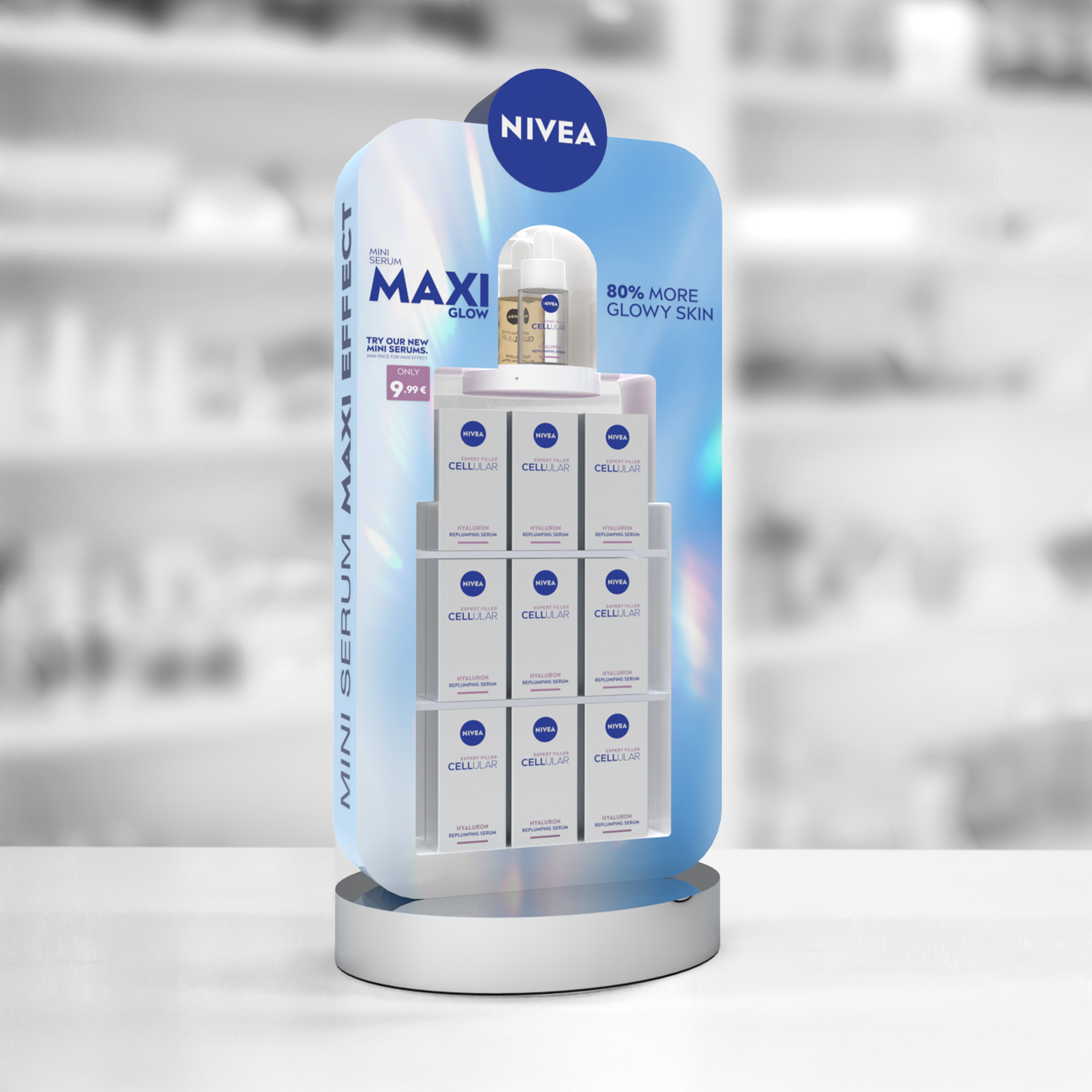 Prikaz promocijskega stojala za mini NIVEA serume in postavitve testnega izdelka.