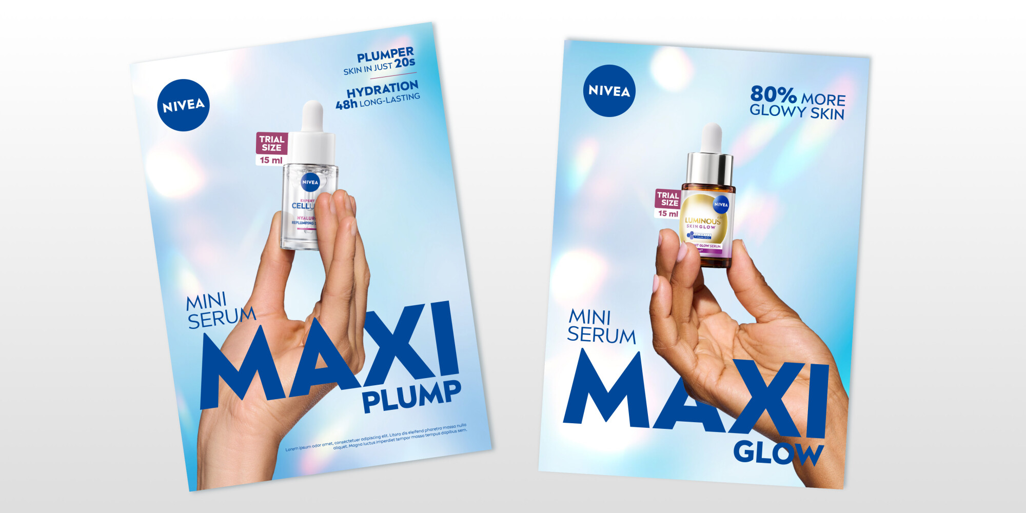 Display of two ad variations: on the left, the hydrating NIVEA serum with the slogan MINI SERUM, MAXI PLUMP, and on the right, the NIVEA serum for glowing skin with the slogan MINI SERUM, MAXI GLOW.