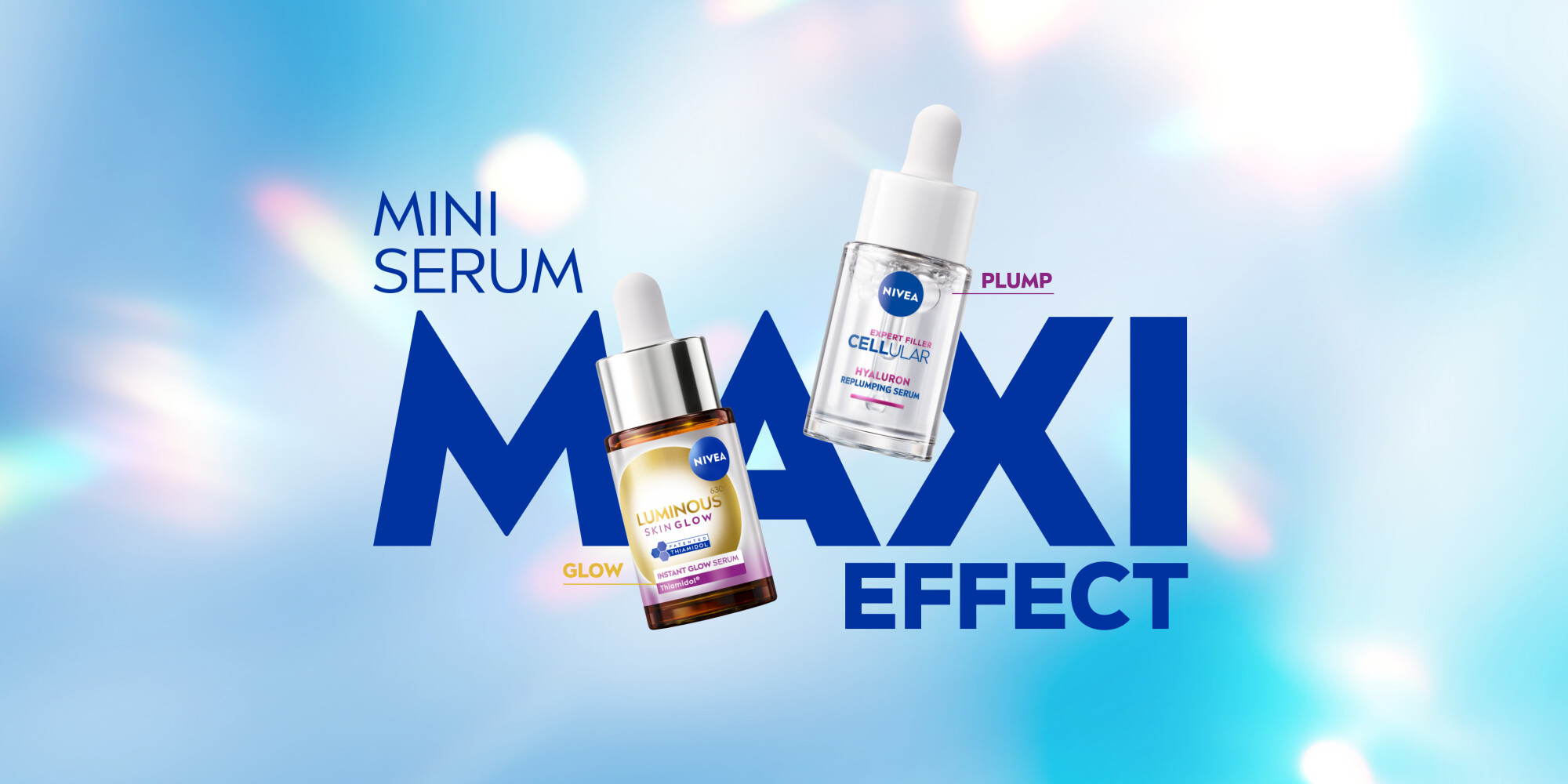 Display of the main creative motif: two products, the NIVEA serums, with the text MINI SERUM, MAXI EFFECT.