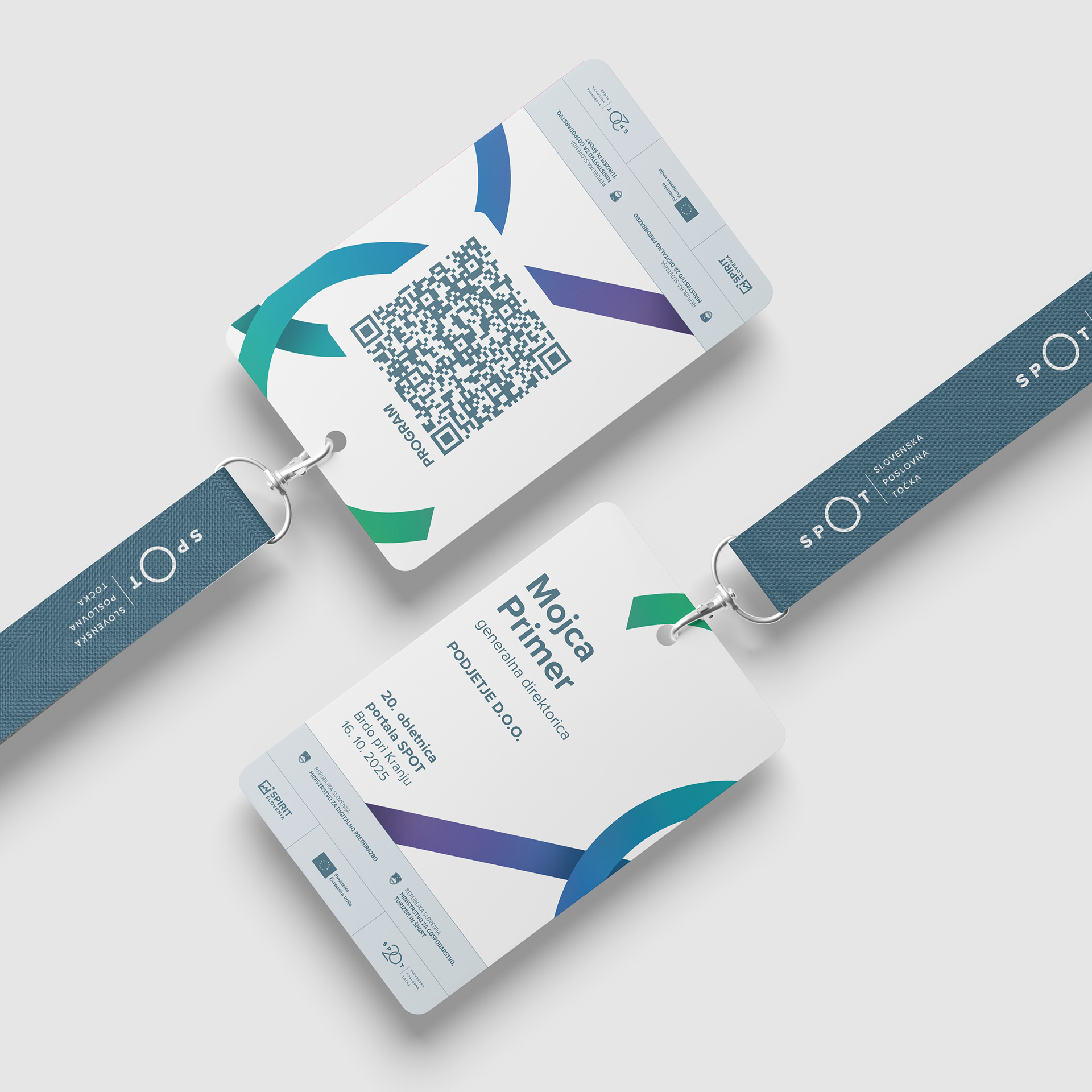 Accreditation card with a neck strap, containing participant information and a QR code.