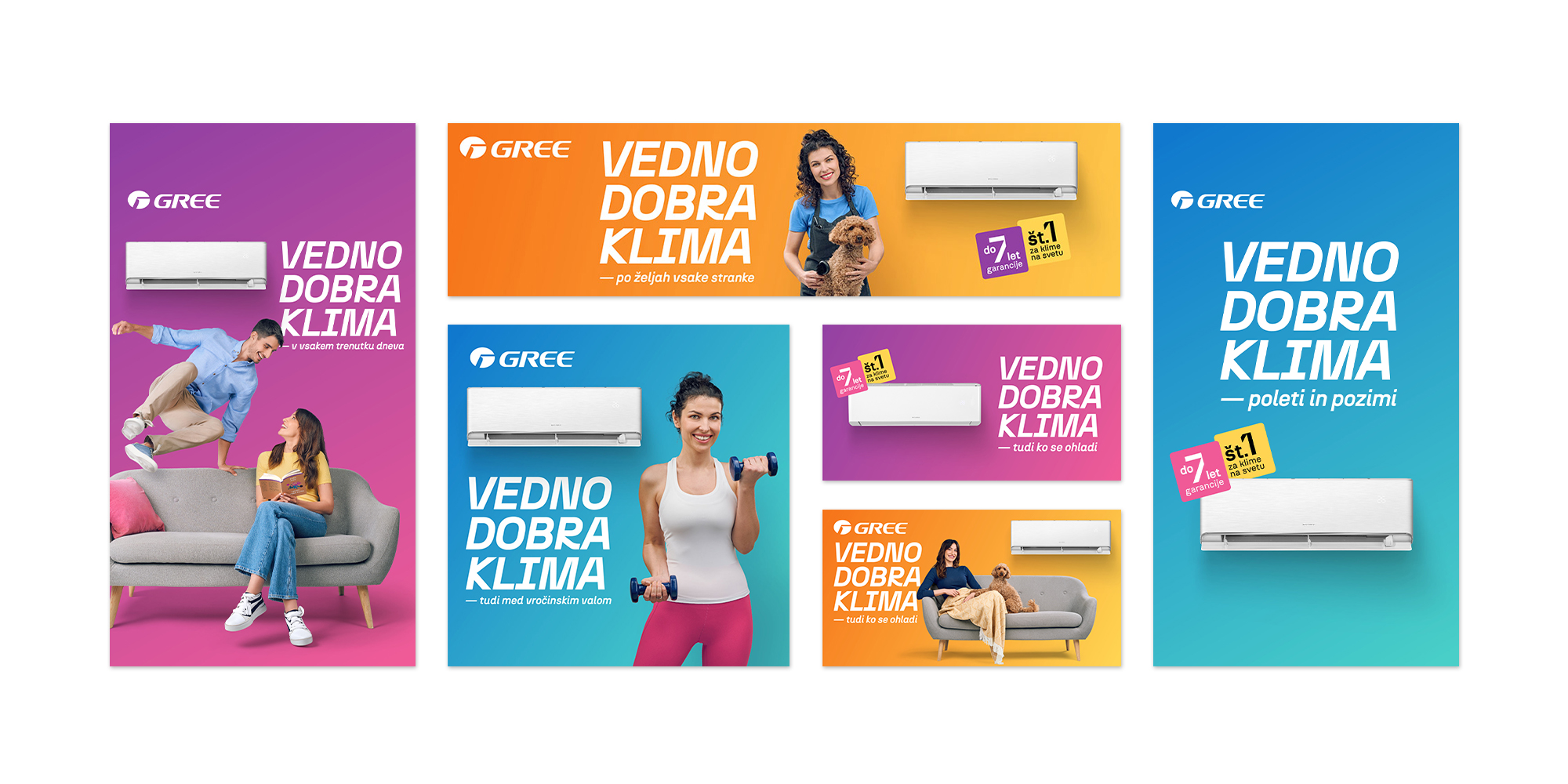 Display of various creatives (banners and Meta ads) with colorful backgrounds and modular messages.