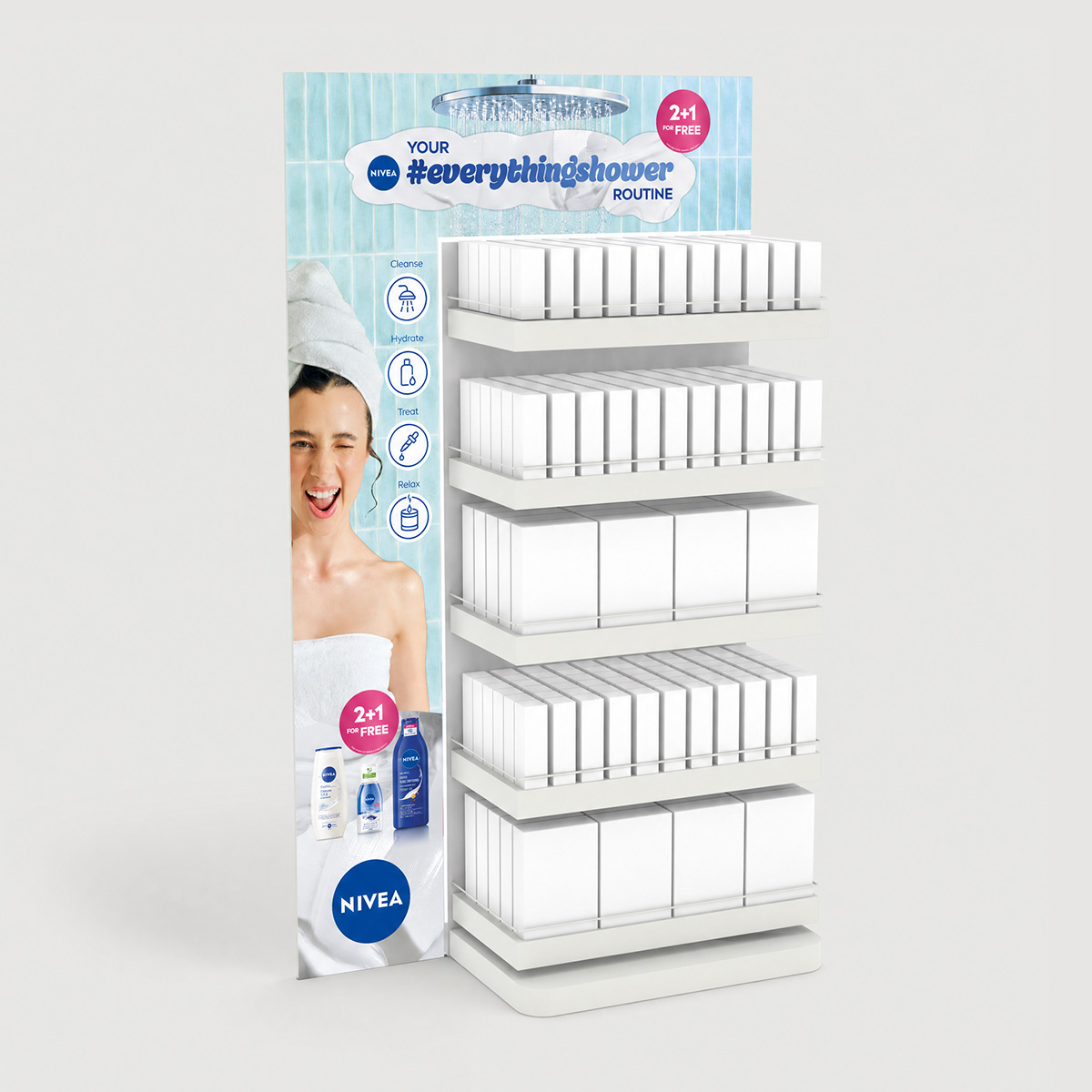 Simulacija stojala z različnimi NIVEA izdelki in napisom everythingshower.