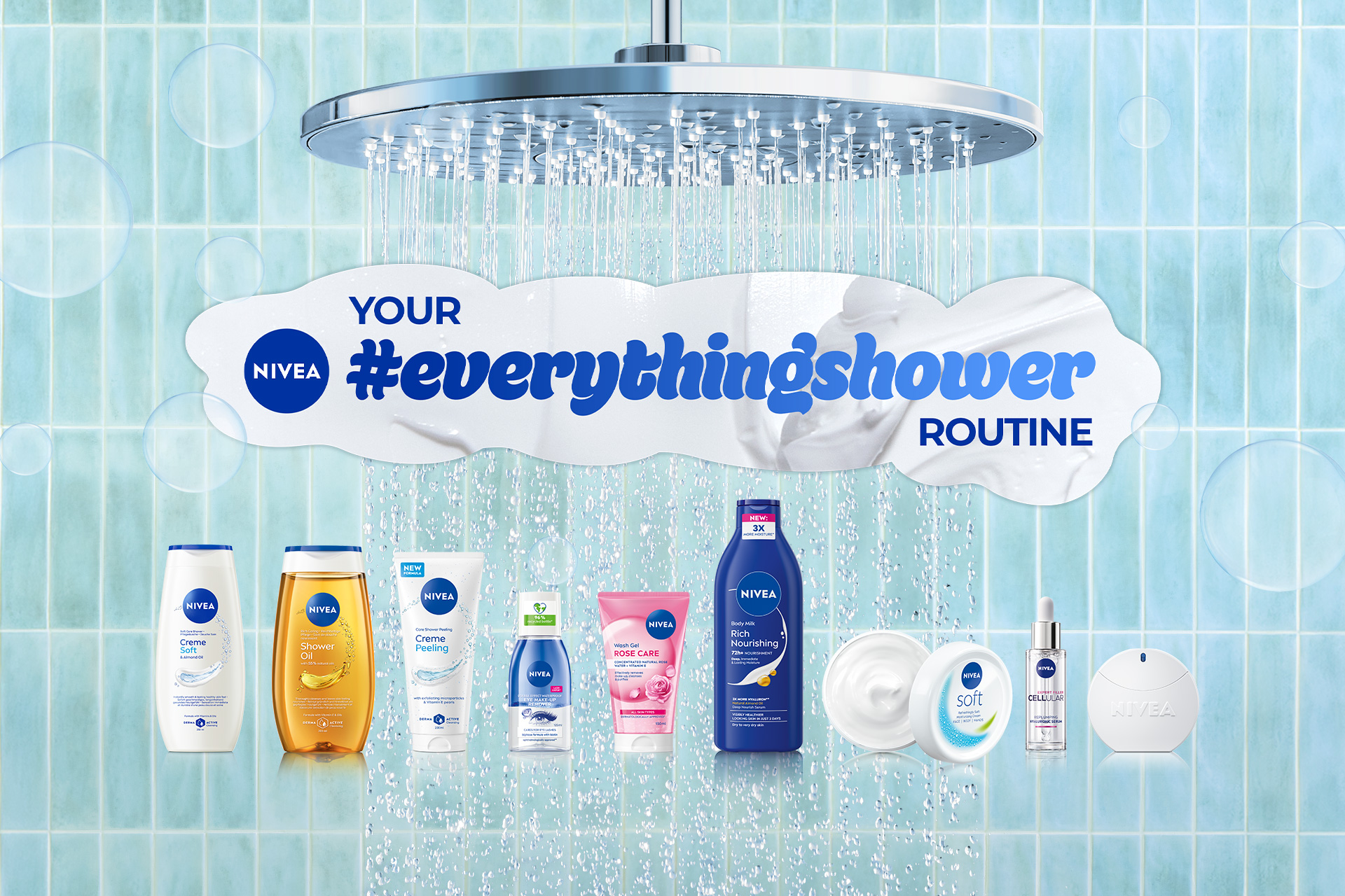 Vizualna rešitev, ki spodaj prikazuje različne NIVEA izdelke, nad njimi napis everythingshower, nad tem velika tuš glava iz katere teče voda, v ozadju svetlo modre kopalniške ploščice in mehurčki.