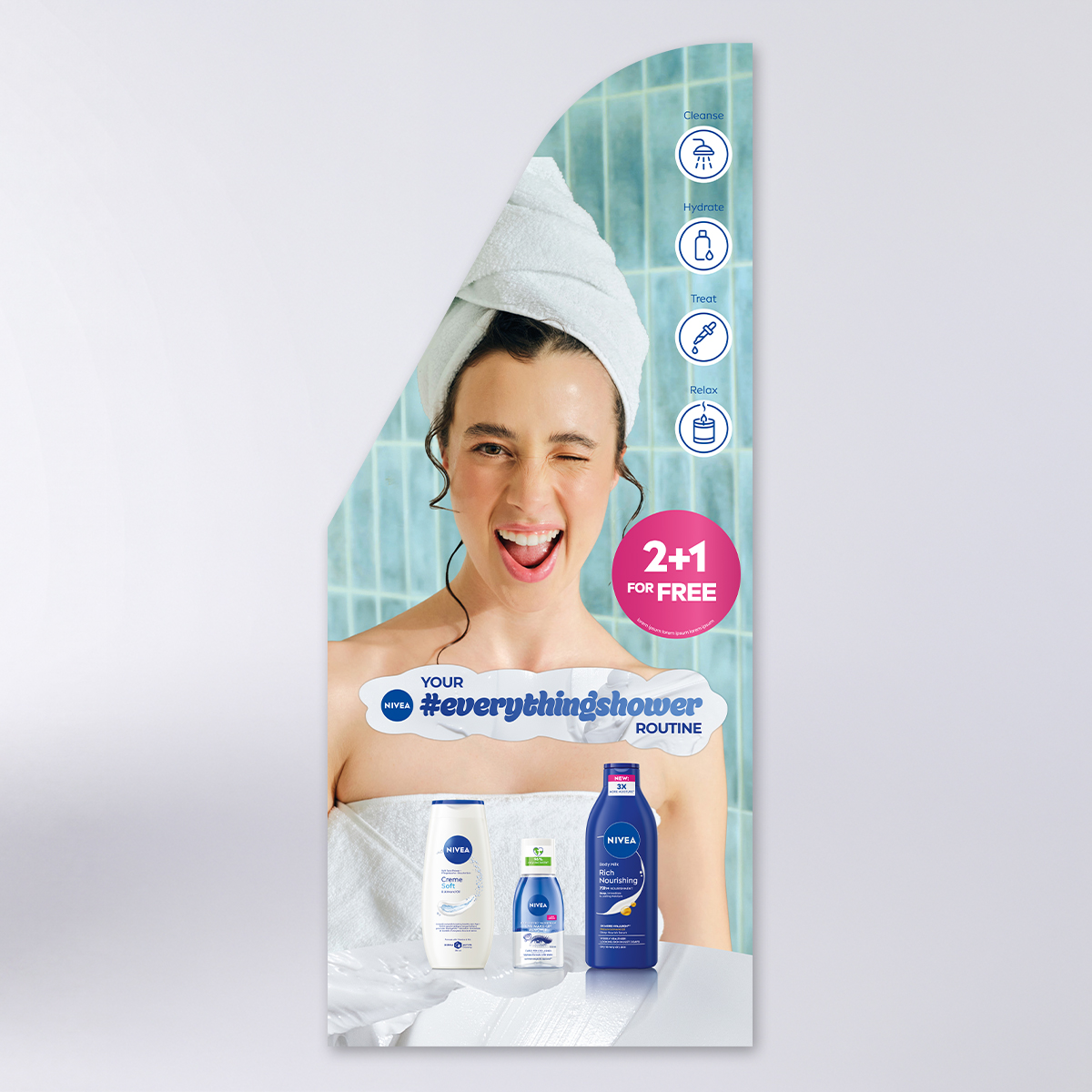 Side panel of the display stand featuring a winking woman wrapped in a towel, NIVEA products and the everythingshower message.
