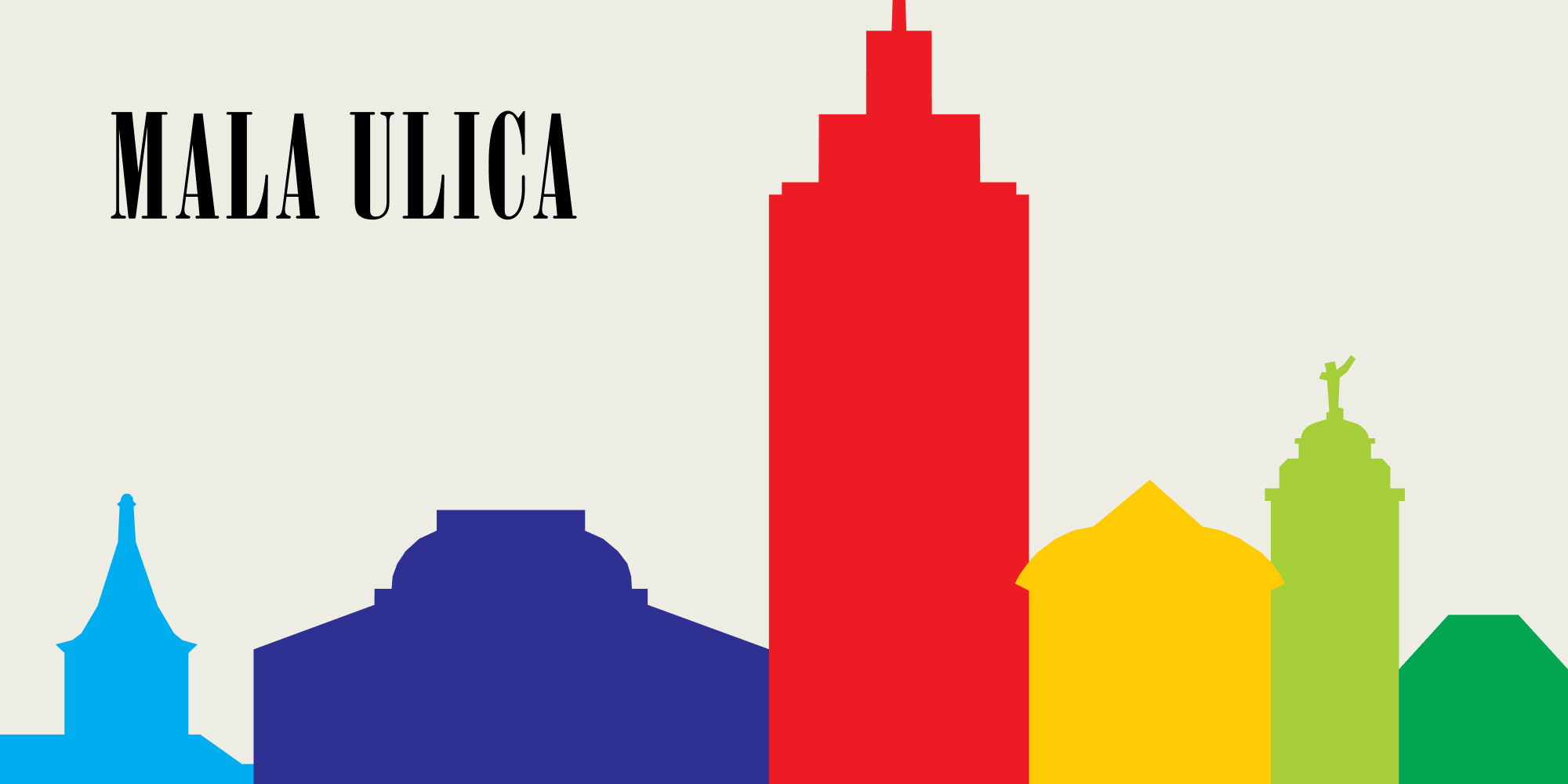 Colourful city skyline silhouettes with the Mala ulica logo in the upper left corner.