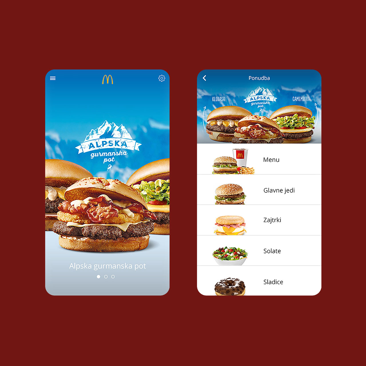 Kolaž podstrani na McDonalds aplikaciji