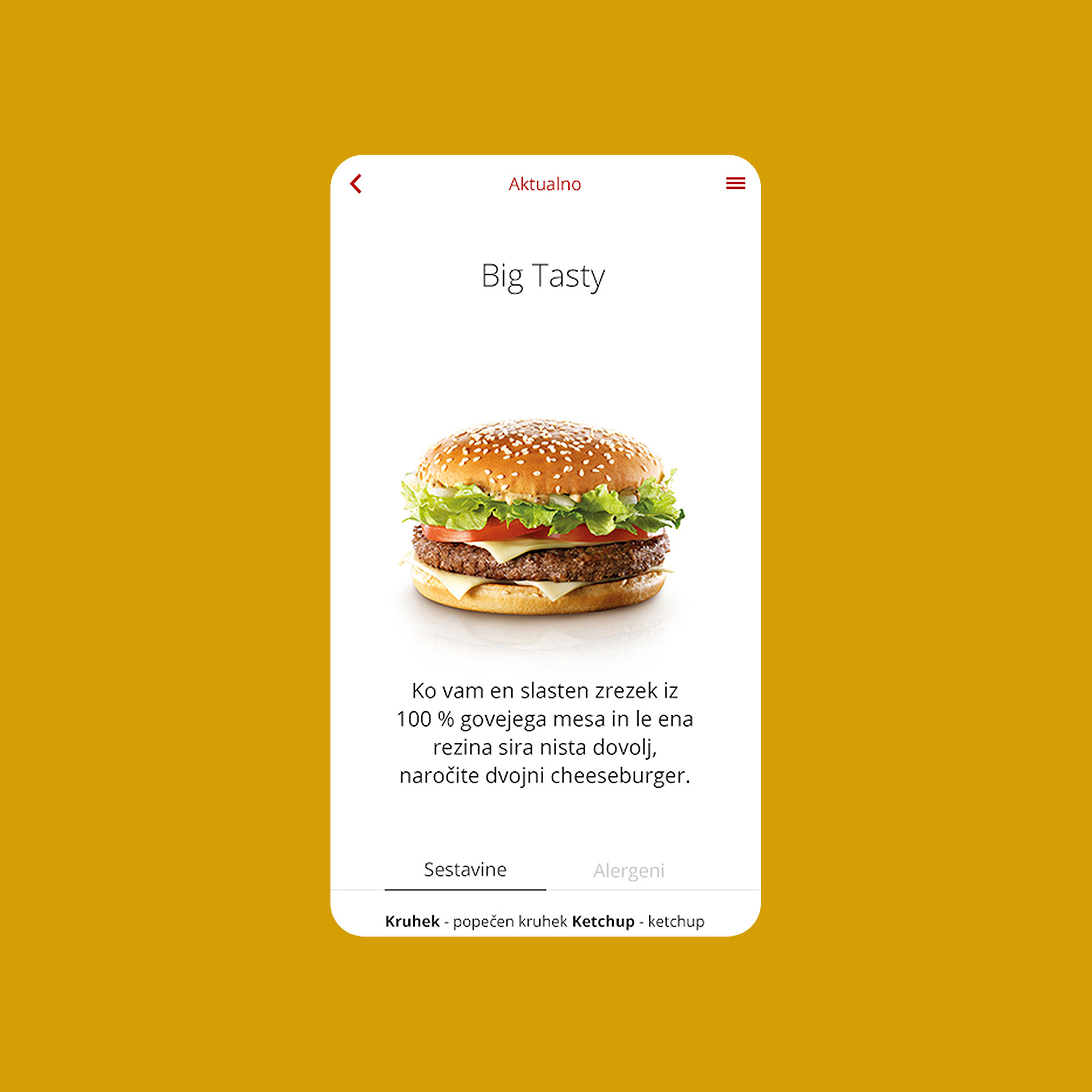 Opis izdelka na McDonalds aplikaciji