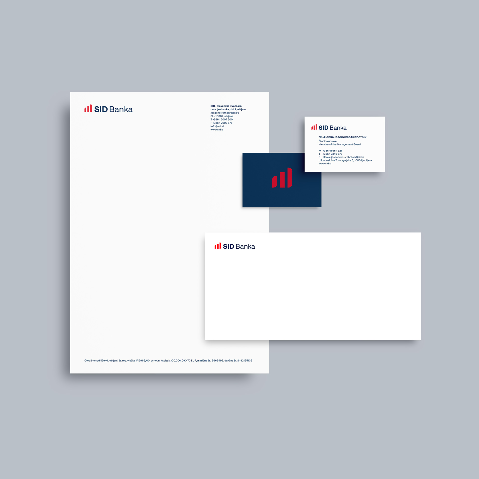 SID Bank logo: red symbol, white lettering on a blue background; business card, letterhead, envelope