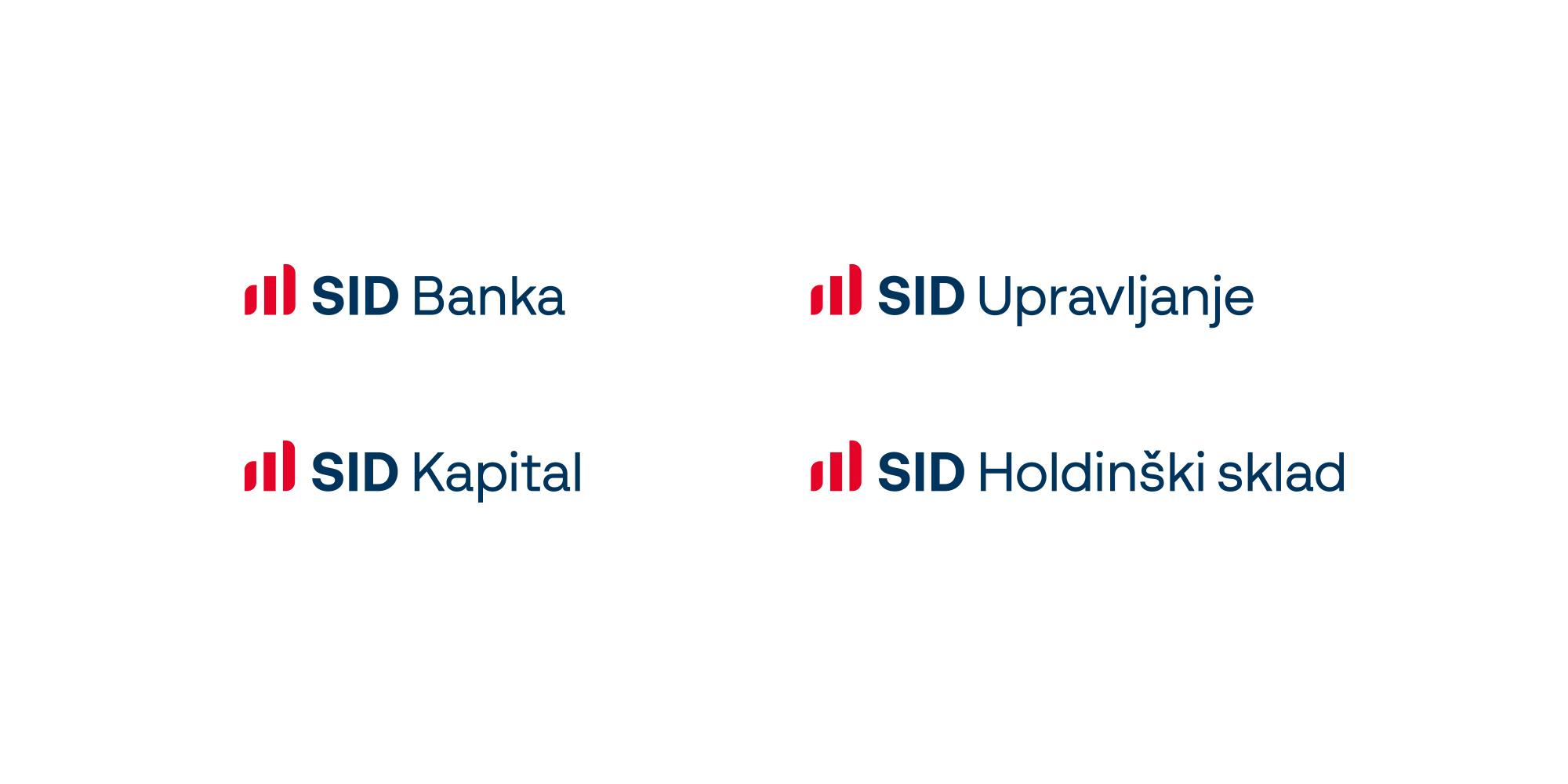 Logos of SID Bank Group members, red symbol, blue lettering on a white background